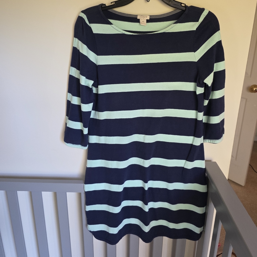 J.Crew Navy and Mint Striped 3/4 Sleeve Womens T Shirt Dress Size XS